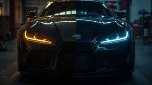 Lucid_Origin_Split_image_showing_a_sports_car_front_view_befor_0