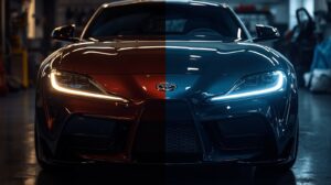 Lucid_Origin_Split_image_showing_a_sports_car_front_view_befor_1