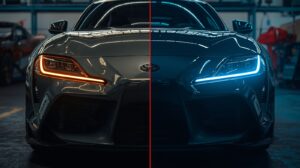 Lucid_Origin_Split_image_showing_a_sports_car_front_view_befor_2